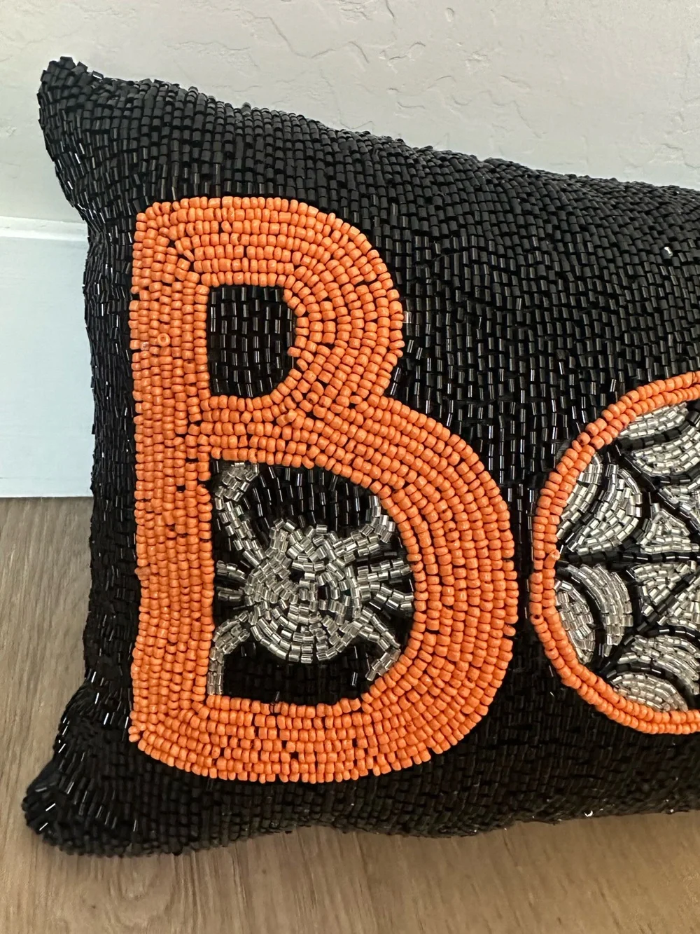 NWT WOWW Living Beaded “BOO” Spider Web Halloween Lumbar Pillow Black Orange